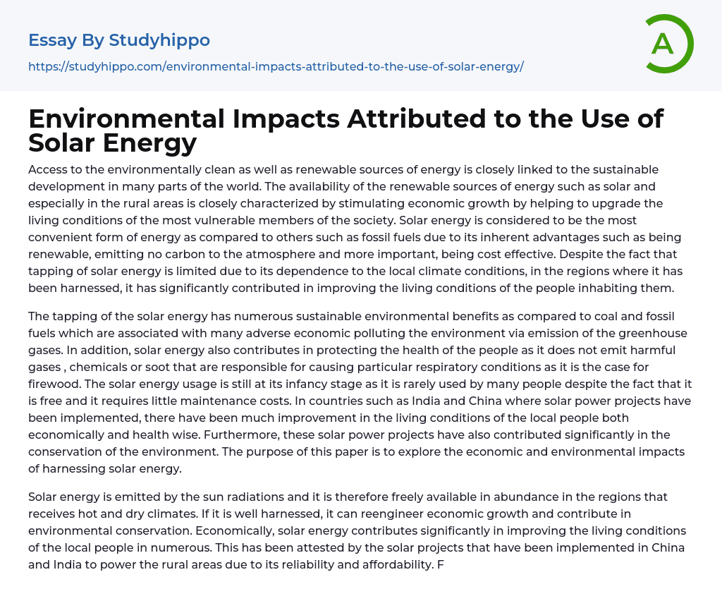 Environmental Impacts Attributed to the Use of Solar Energy Essay Example
