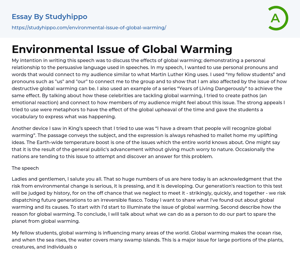Environmental Issue of Global Warming Essay Example