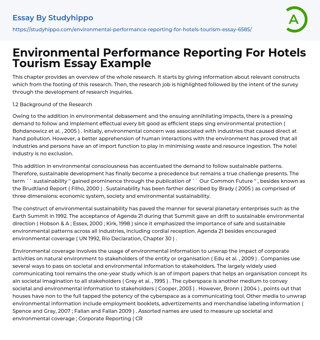 Environmental Performance Reporting For Hotels Tourism Essay Example