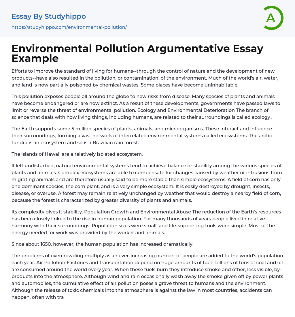 Environmental Pollution Argumentative Essay Example