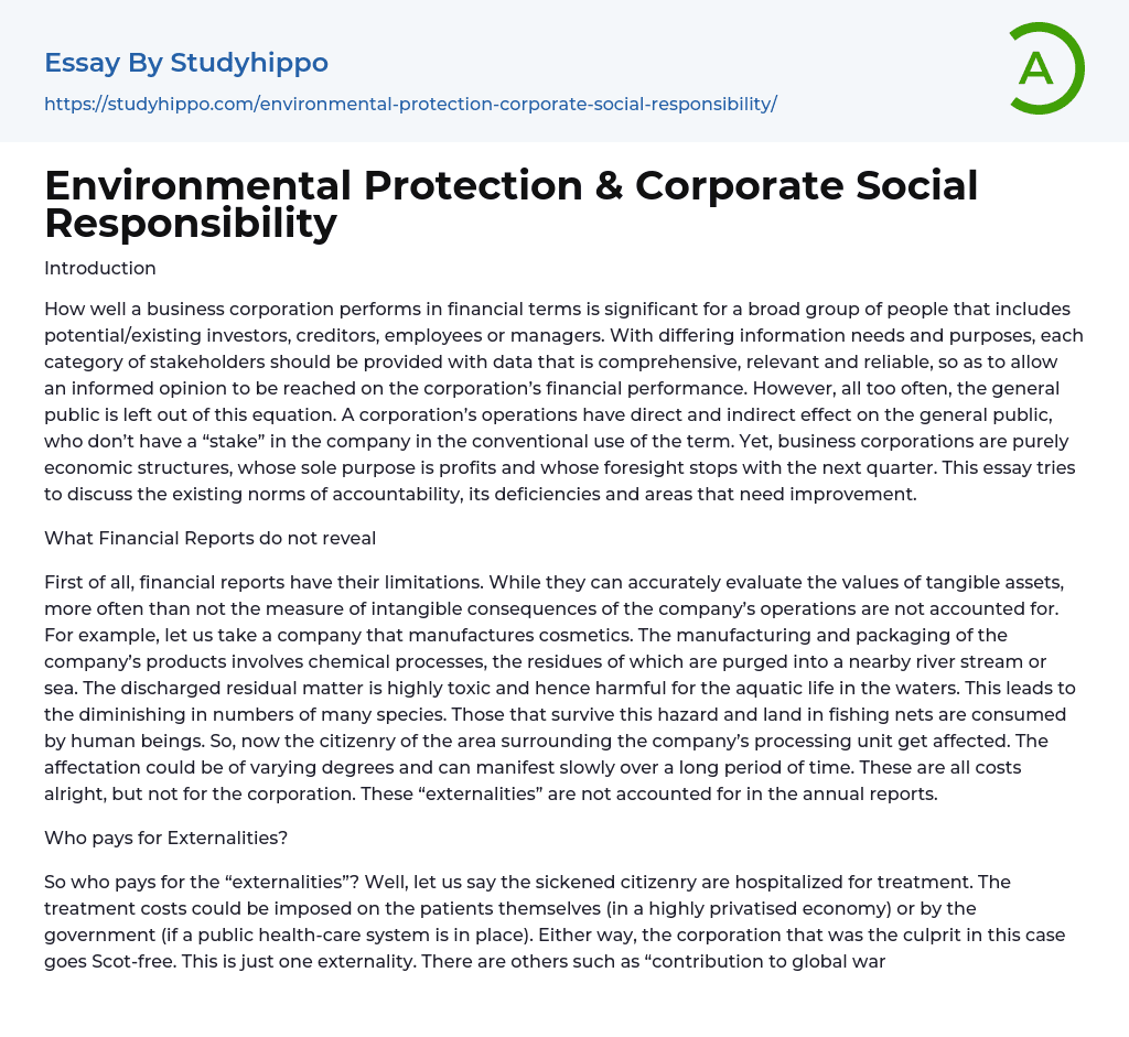 Environmental Protection & Corporate Social Responsibility Essay Example