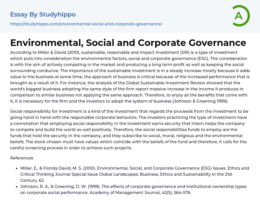 Environmental, Social and Corporate Governance Essay Example