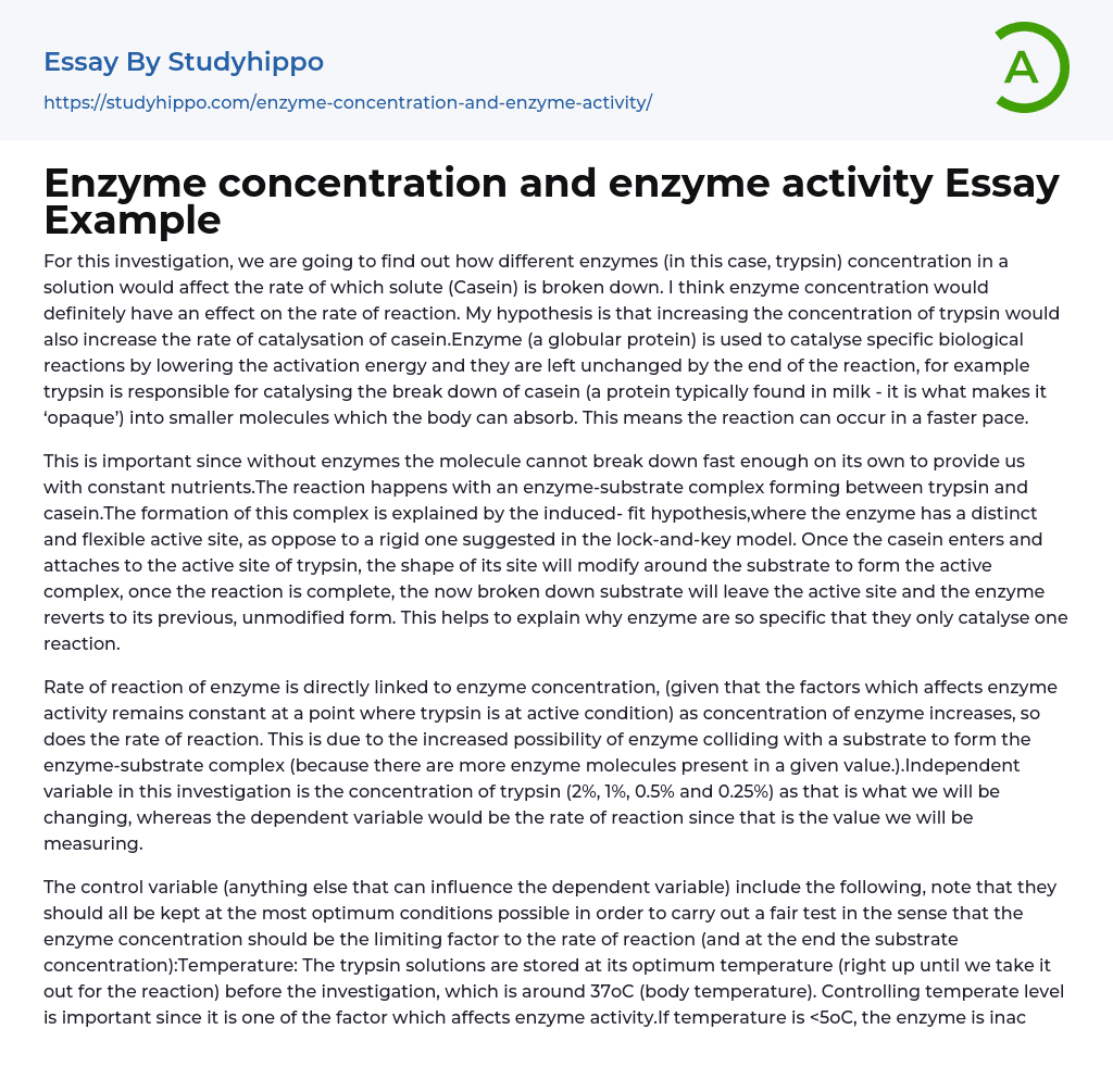 Enzyme concentration and enzyme activity Essay Example