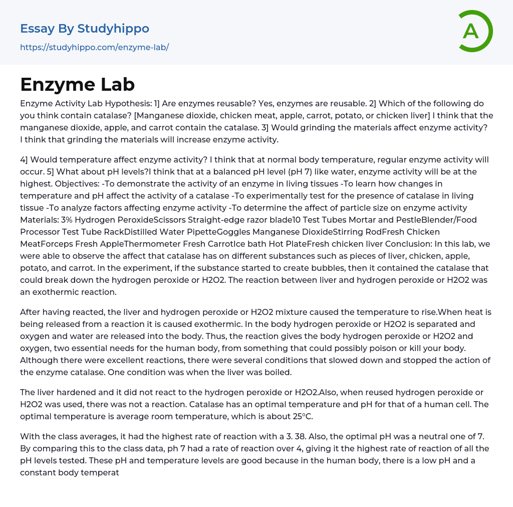 Enzyme Lab Essay Example