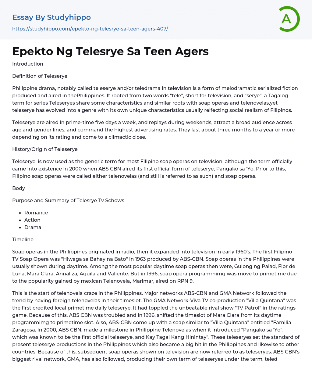 Epekto Ng Telesrye Sa Teen Agers Essay Example