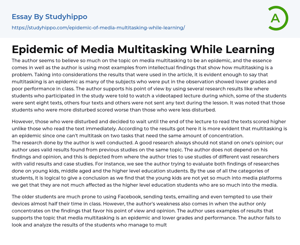 Epidemic of Media Multitasking While Learning Essay Example