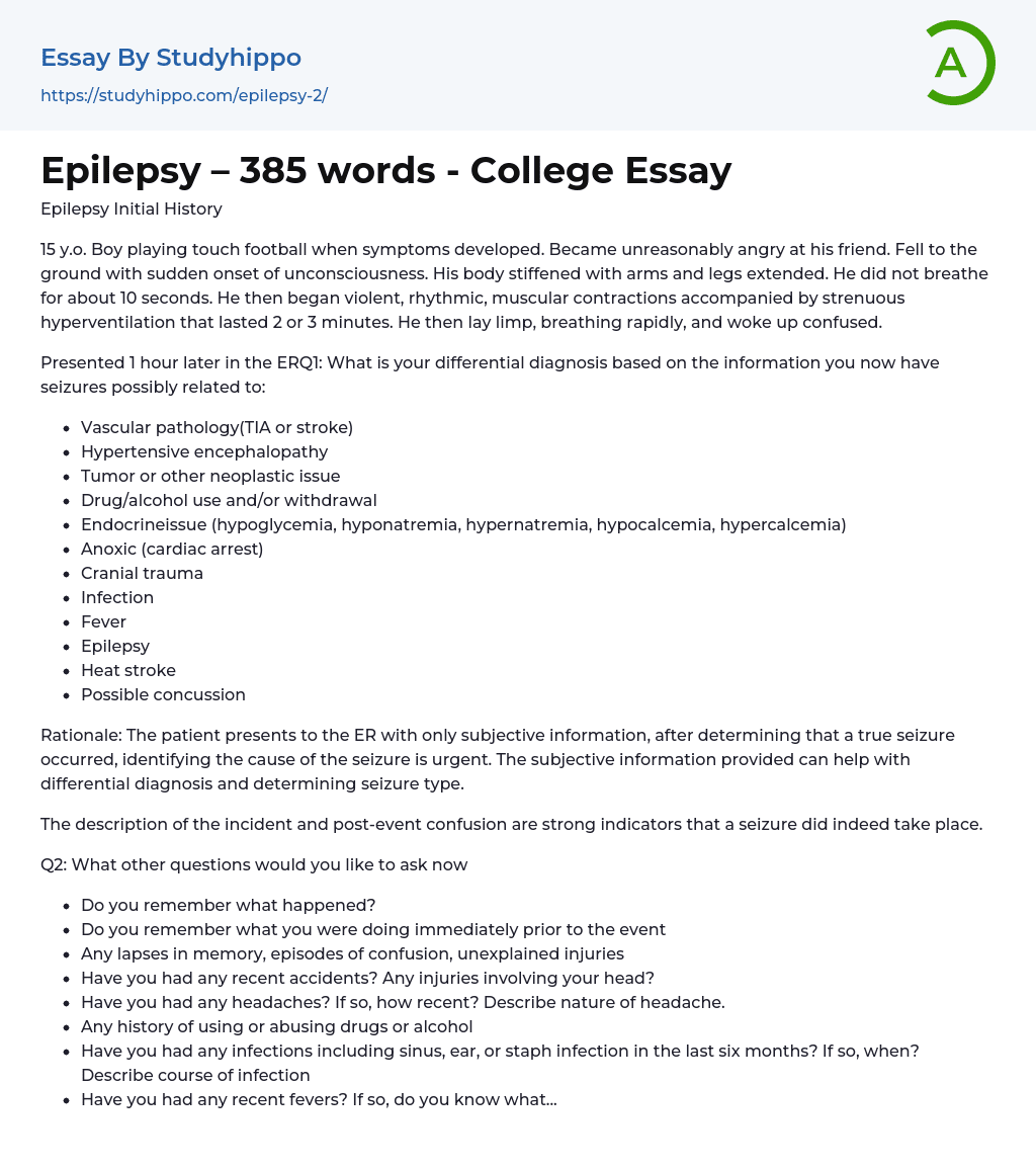 Epilepsy – 385 words – College Essay