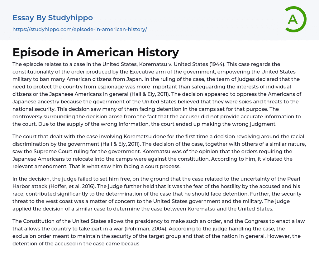 Episode in American History Essay Example