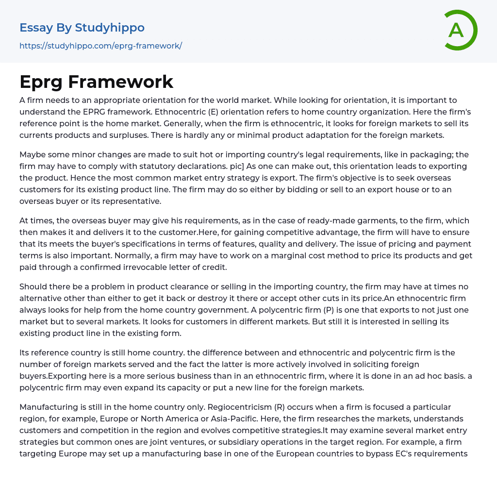 Eprg Framework Essay Example