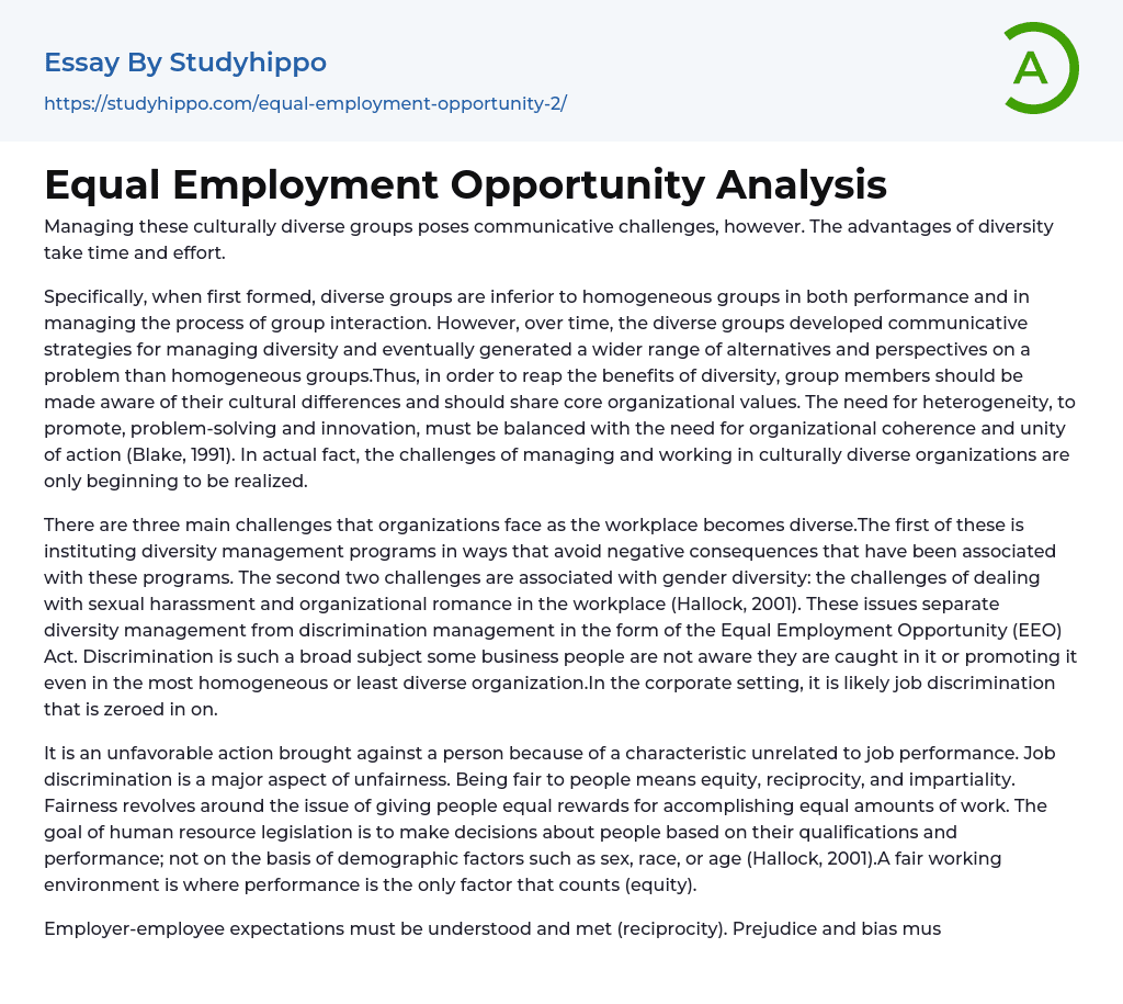 Equal Employment Opportunity Analysis Essay Example