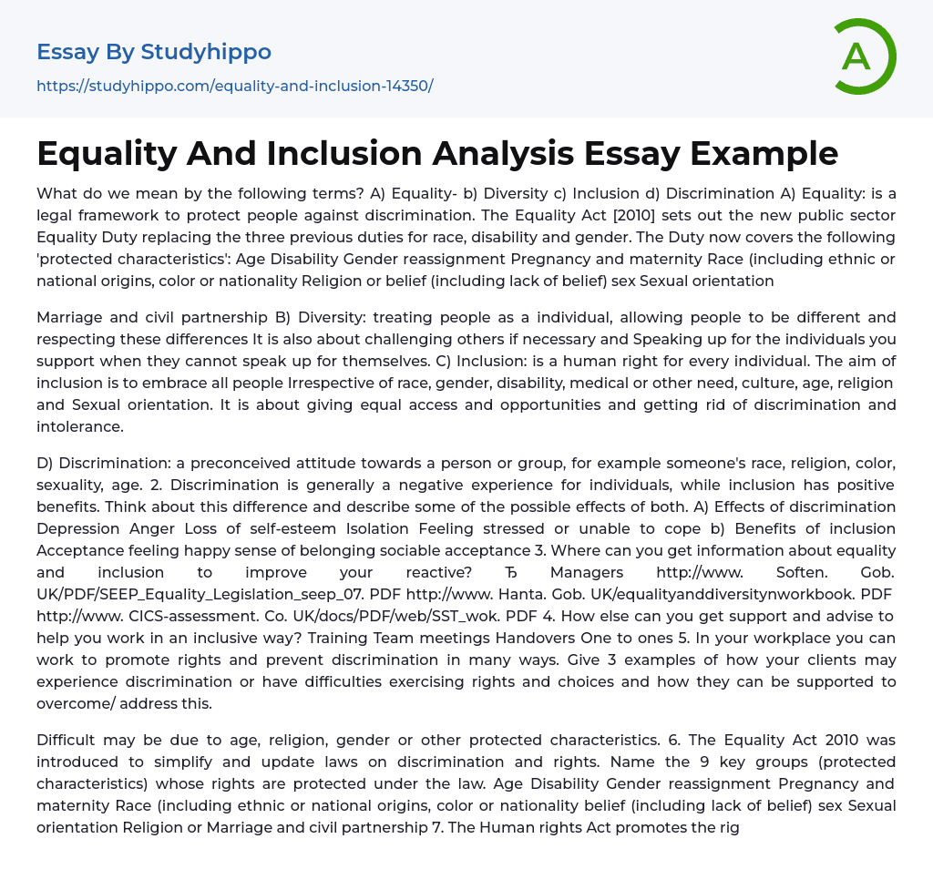 Equality And Inclusion Analysis Essay Example