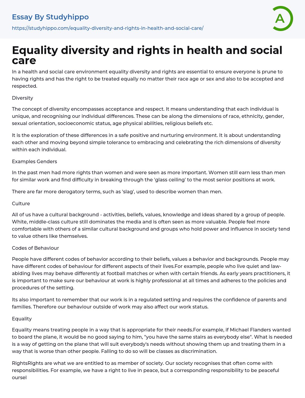 Equality diversity and rights in health and social care Essay Example