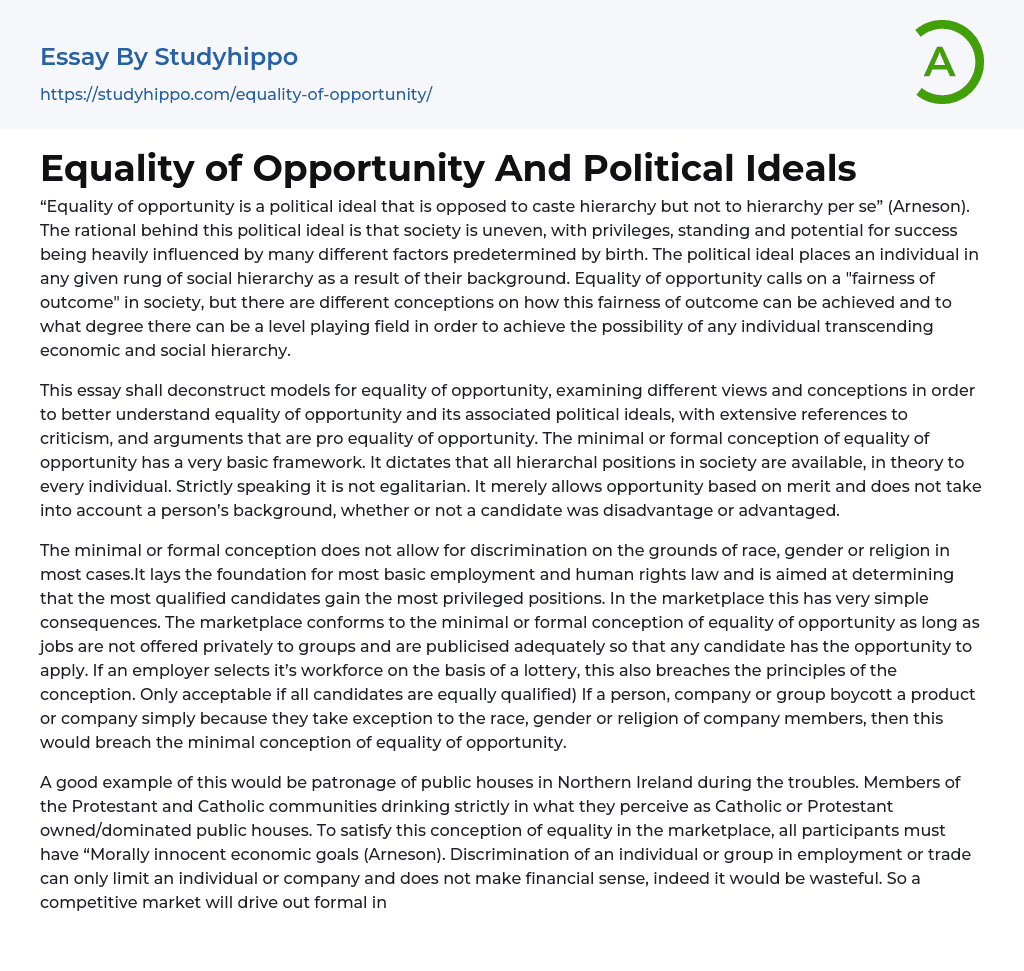 Equality of Opportunity And Political Ideals Essay Example