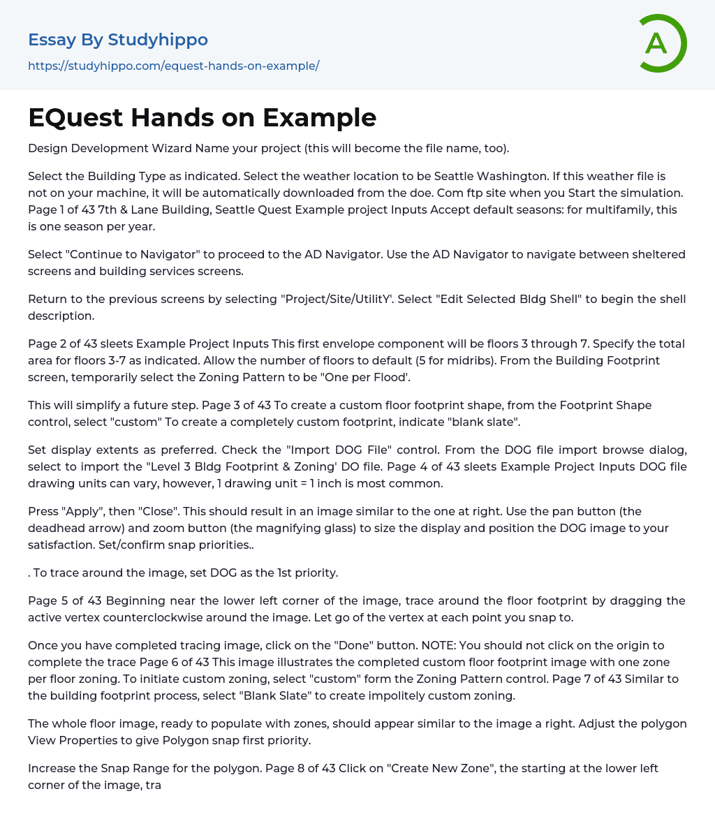 EQuest Hands on Example Essay Example