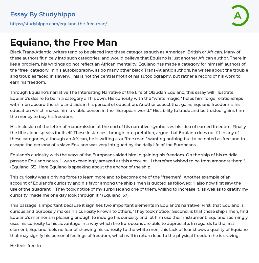 Equiano, the Free Man Essay Example