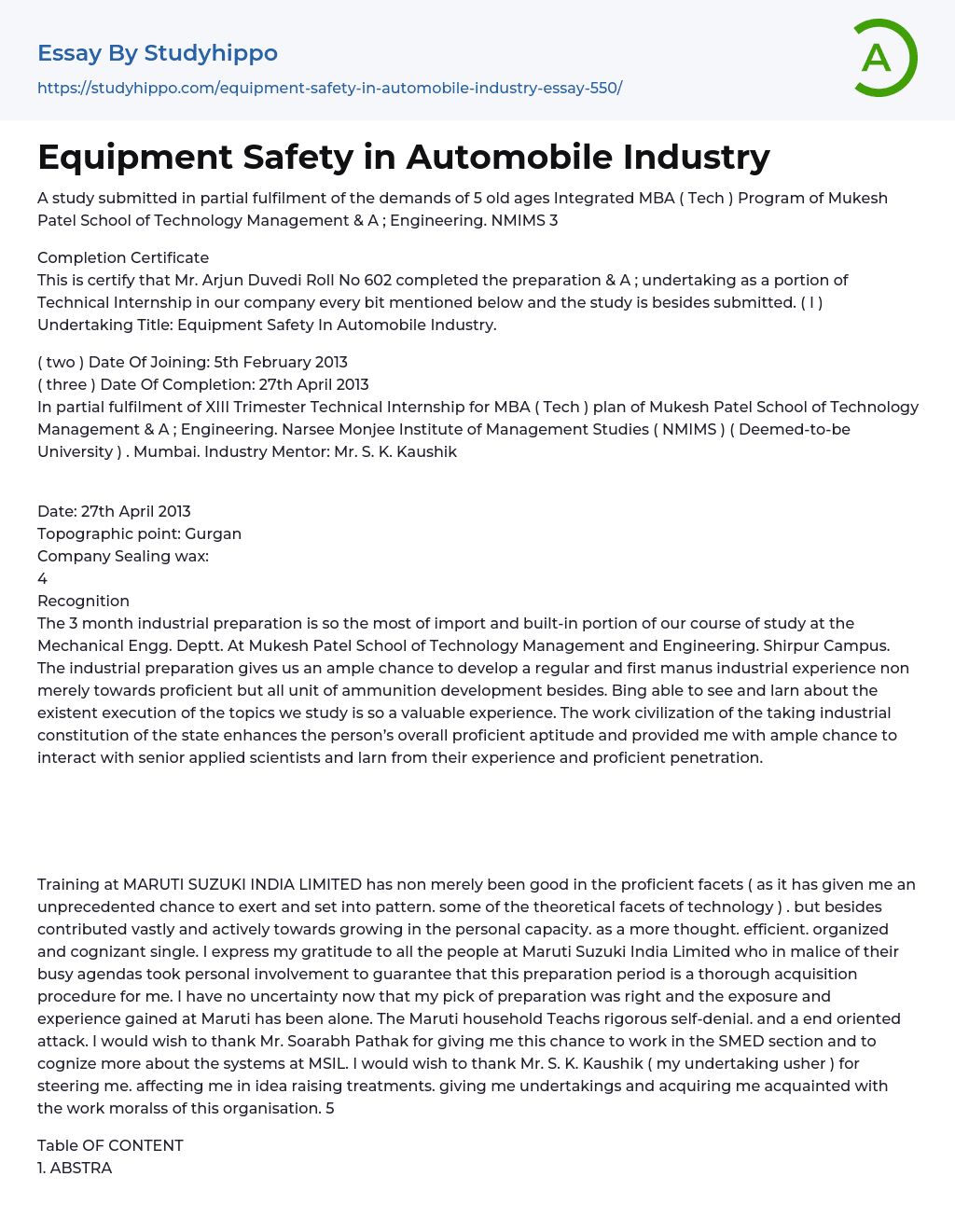 Equipment Safety in Automobile Industry Essay Example