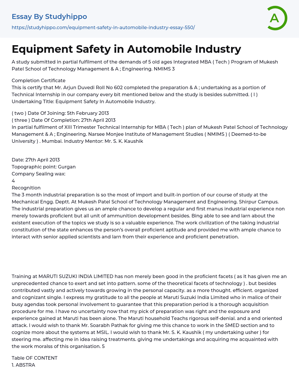 automobile safety system essay