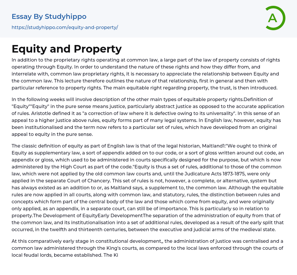 Equity and Property Essay Example