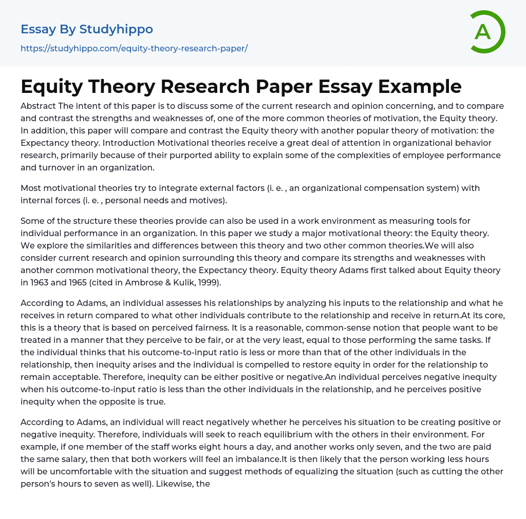 Equity Theory Research Paper Essay Example