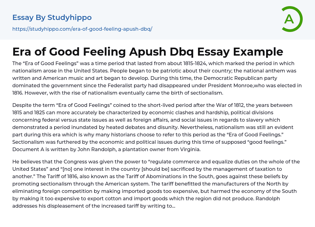Era of Good Feeling Apush Dbq Essay Example