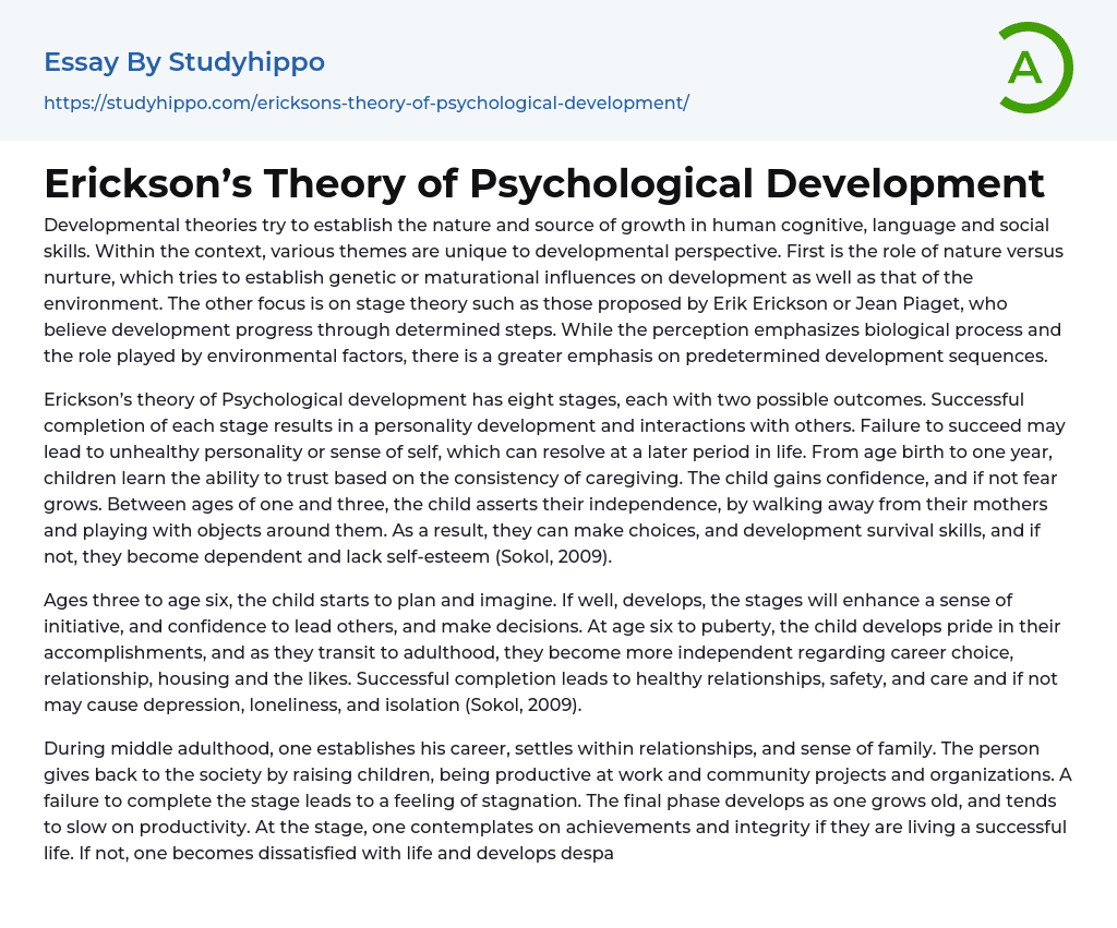 Erickson’s Theory of Psychological Development Essay Example
