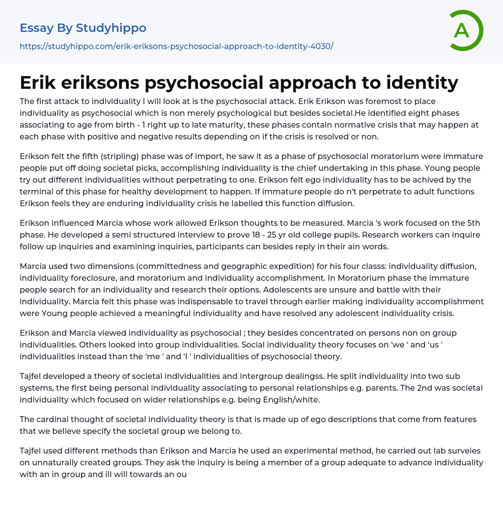 Erik eriksons psychosocial approach to identity Essay Example