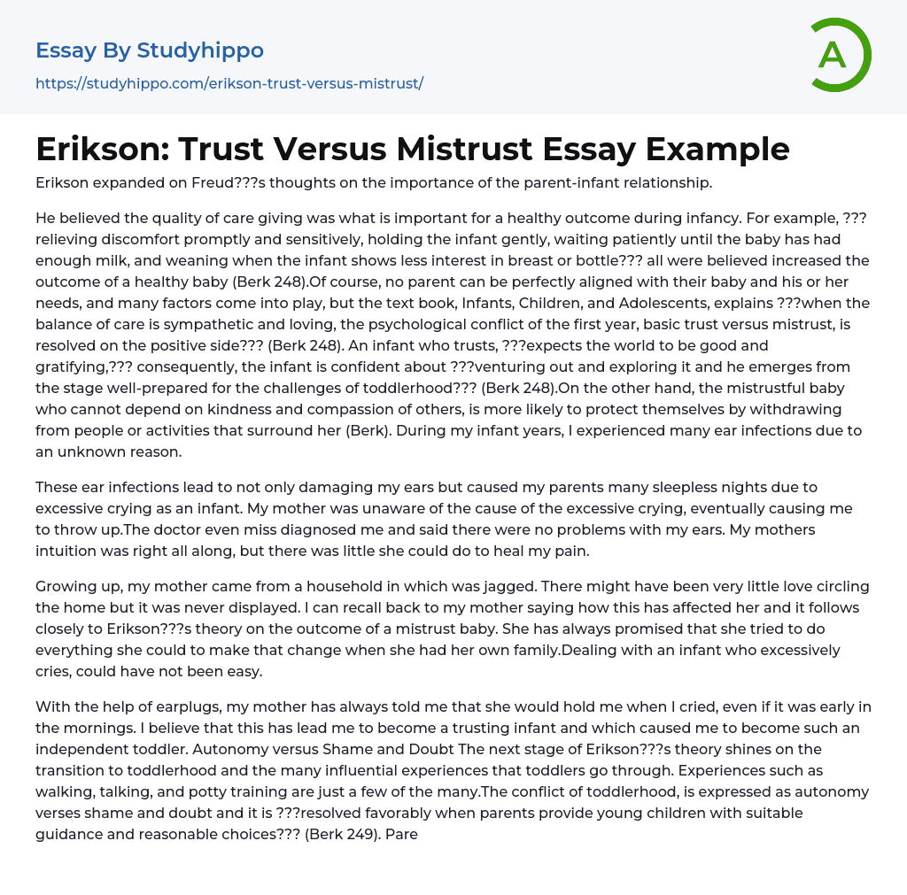 Erikson: Trust Versus Mistrust Essay Example