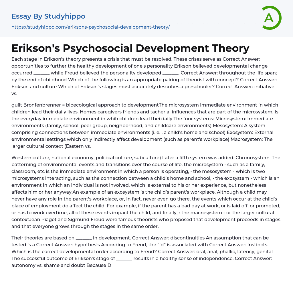 Erikson’s Psychosocial Development Theory Essay Example