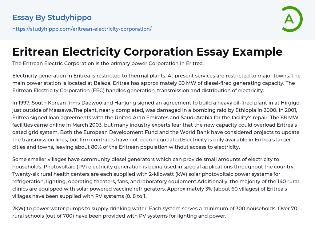 Eritrean Electricity Corporation Essay Example