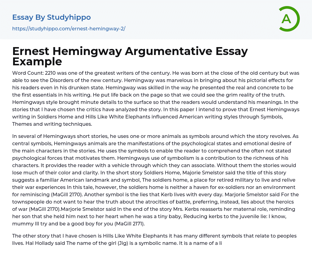Ernest Hemingway Argumentative Essay Example