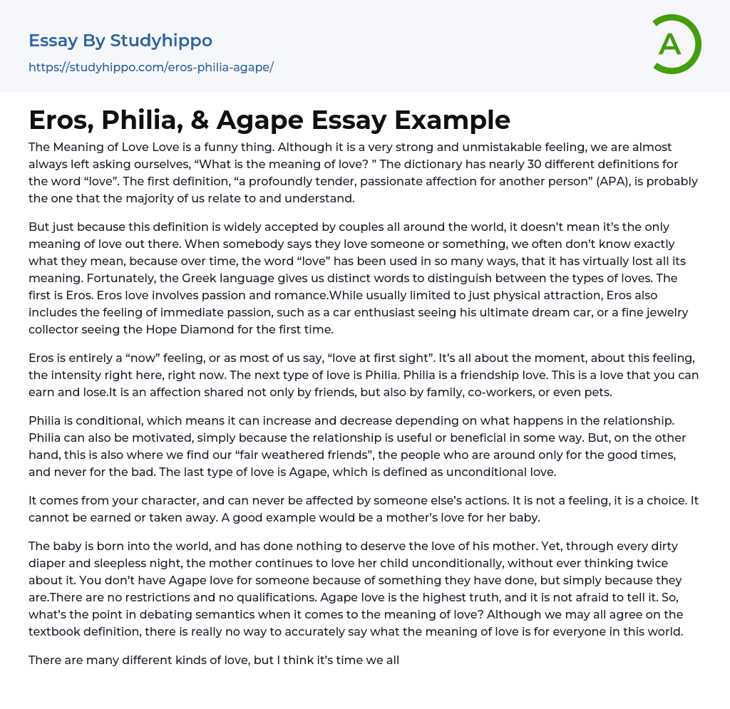 Eros, Philia, & Agape Essay Example