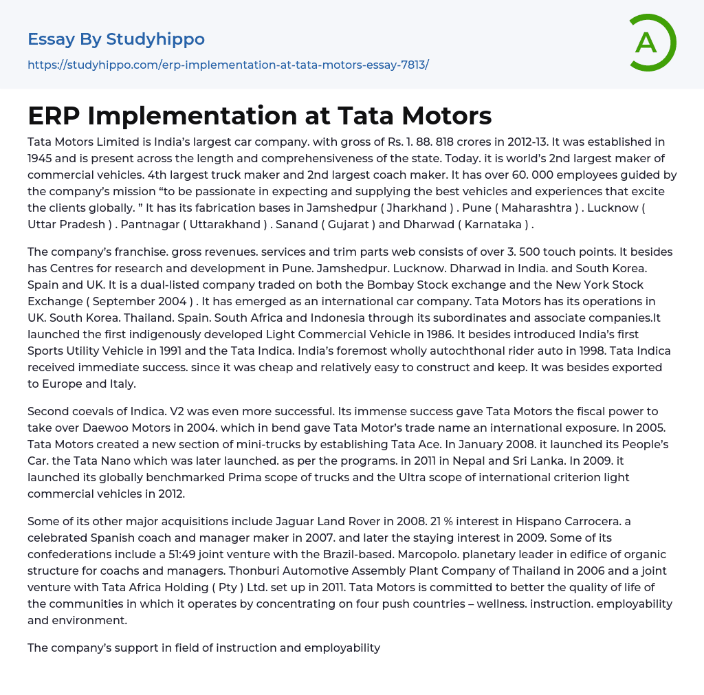 ERP Implementation at Tata Motors Essay Example