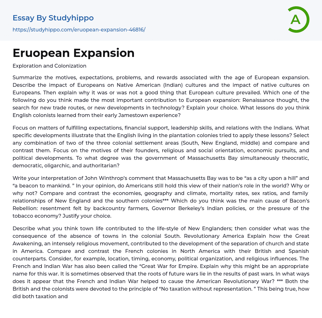 Eruopean Expansion Essay Example