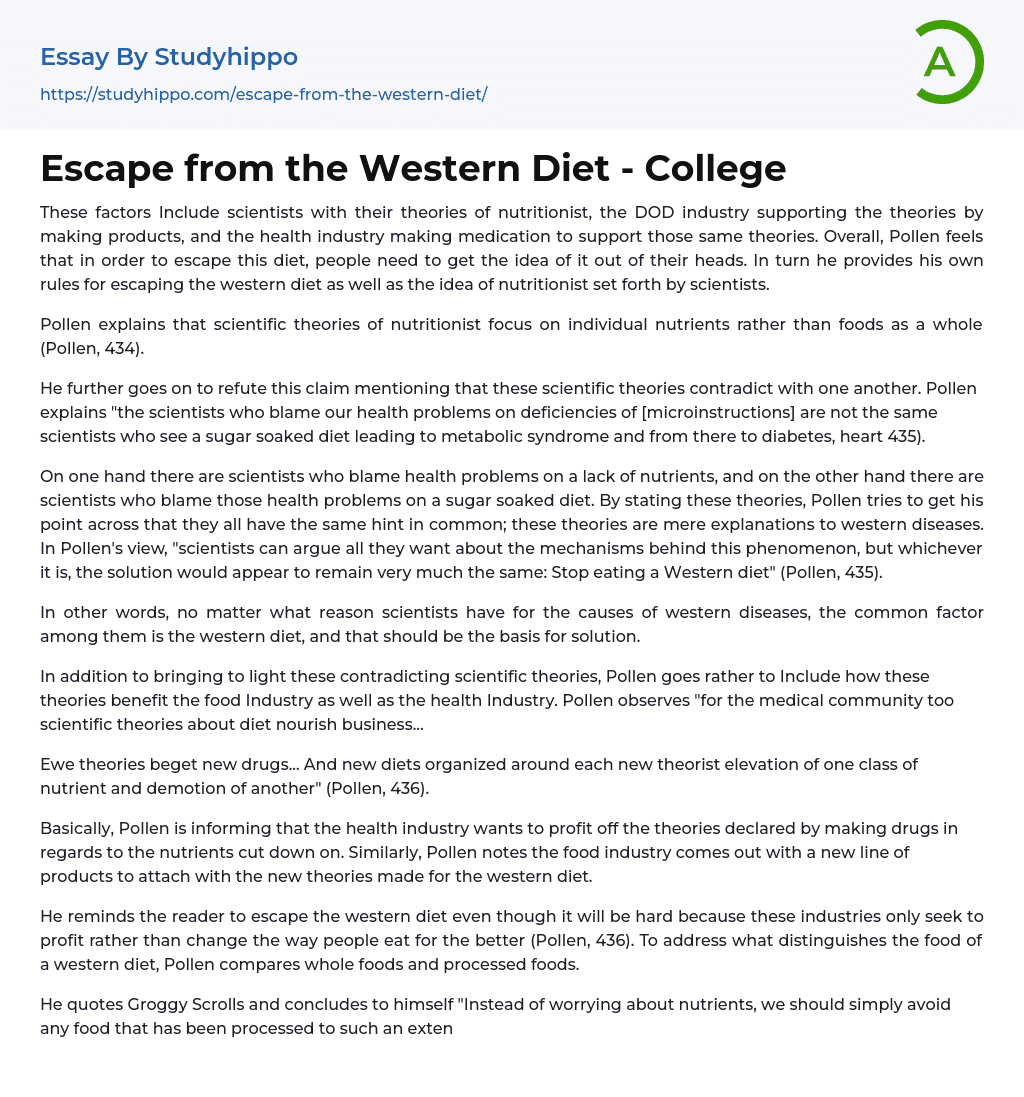 Escape from the Western Diet – College Essay Example