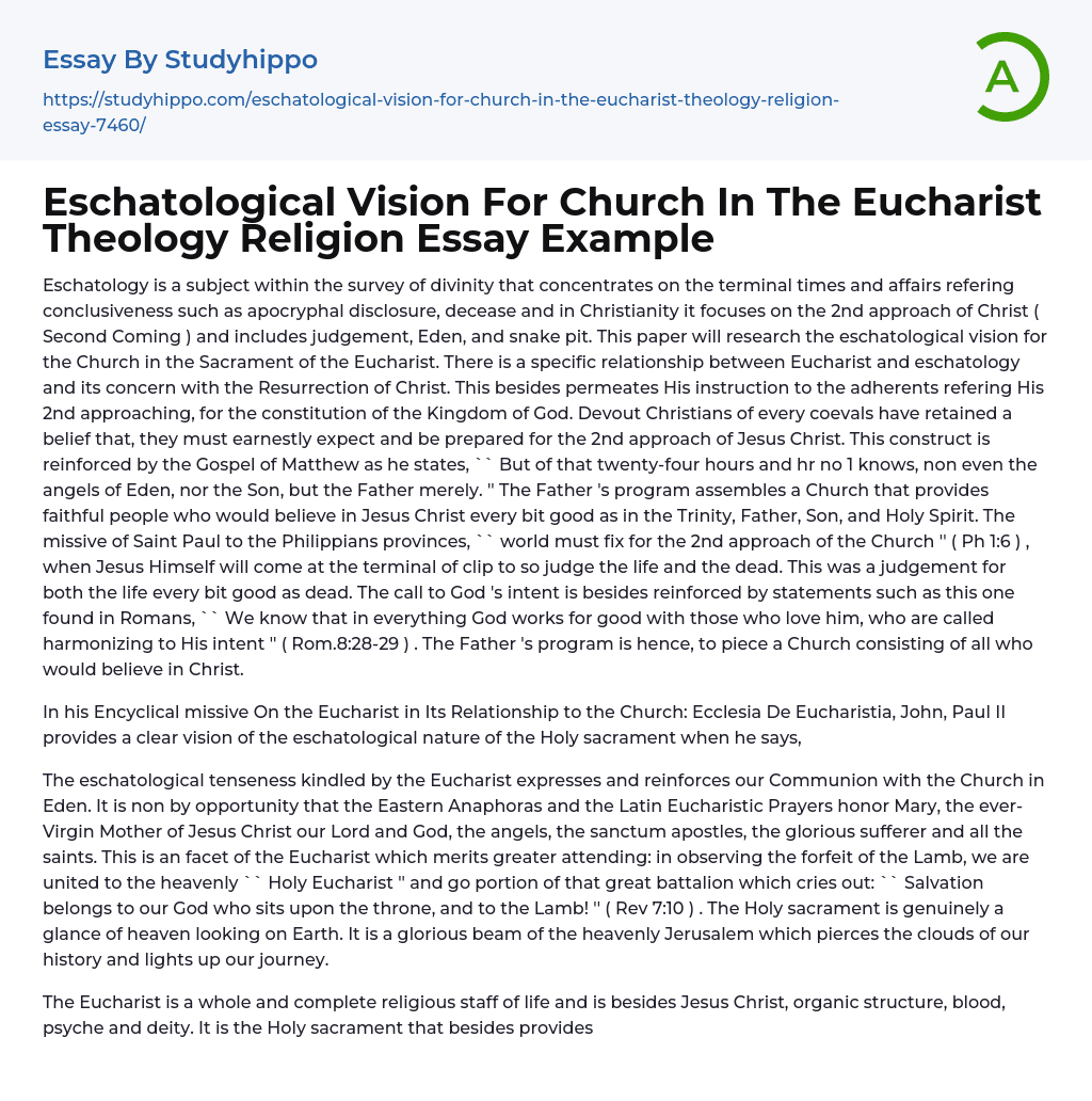 Eschatological Vision For Church In The Eucharist Theology Religion Essay Example