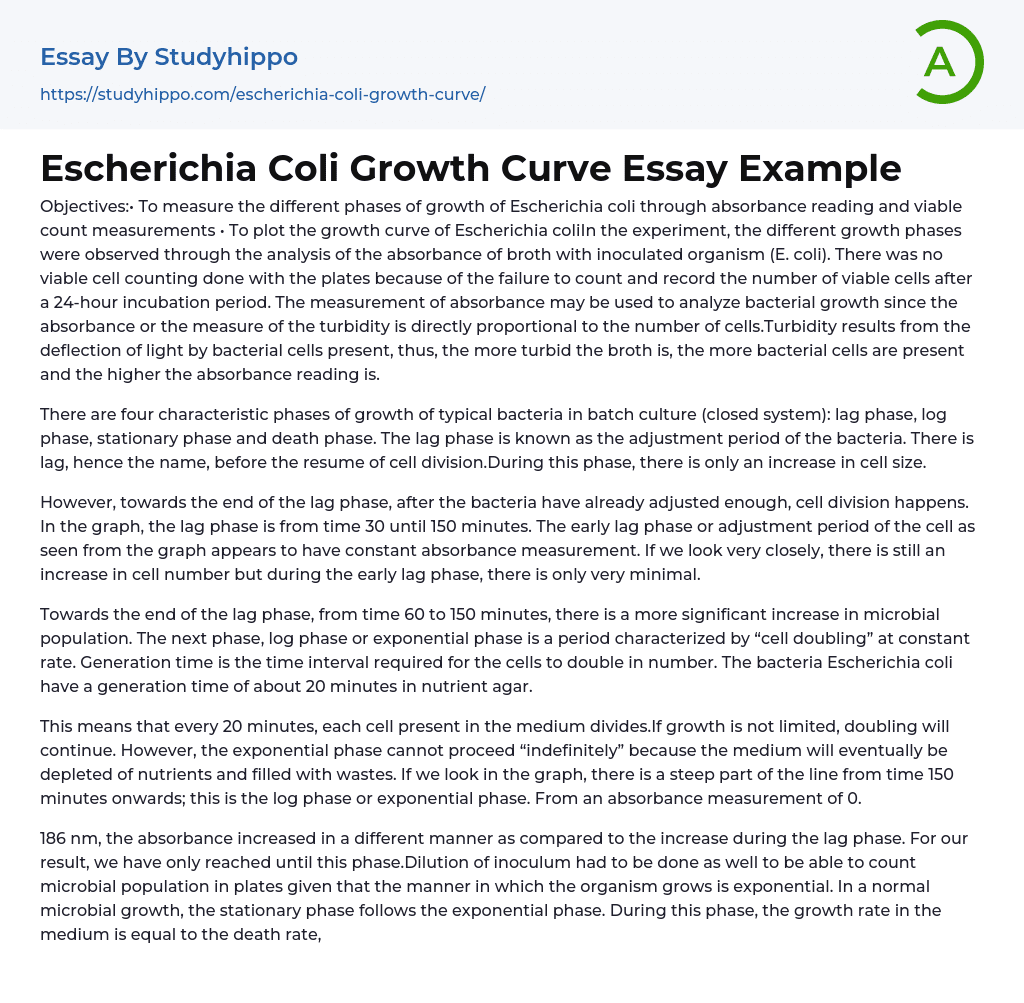 Escherichia Coli Growth Curve Essay Example