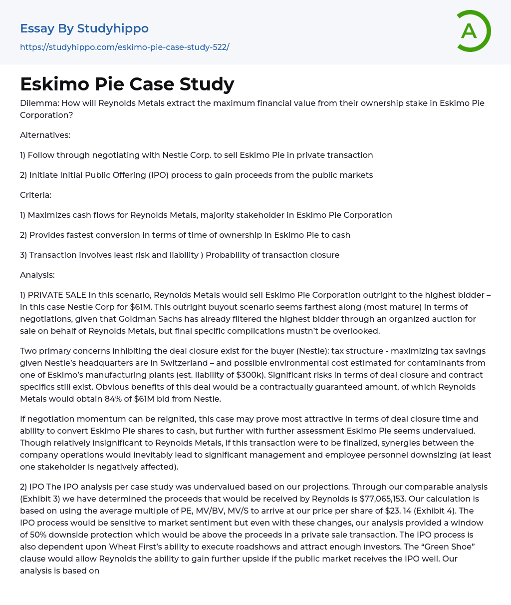 Eskimo Pie Case Study Essay Example