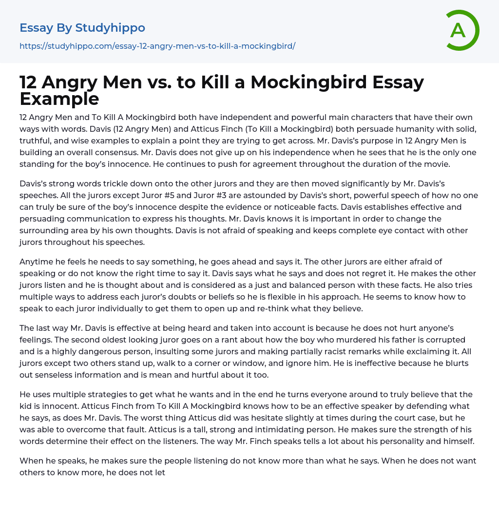 12 Angry Men vs. to Kill a Mockingbird Essay Example