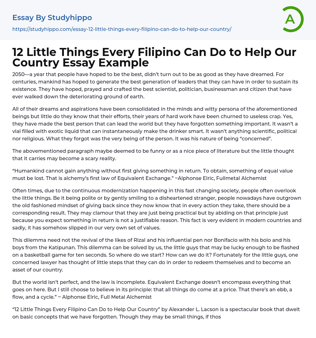 12 Little Things Every Filipino Can Do to Help Our Country Essay Example