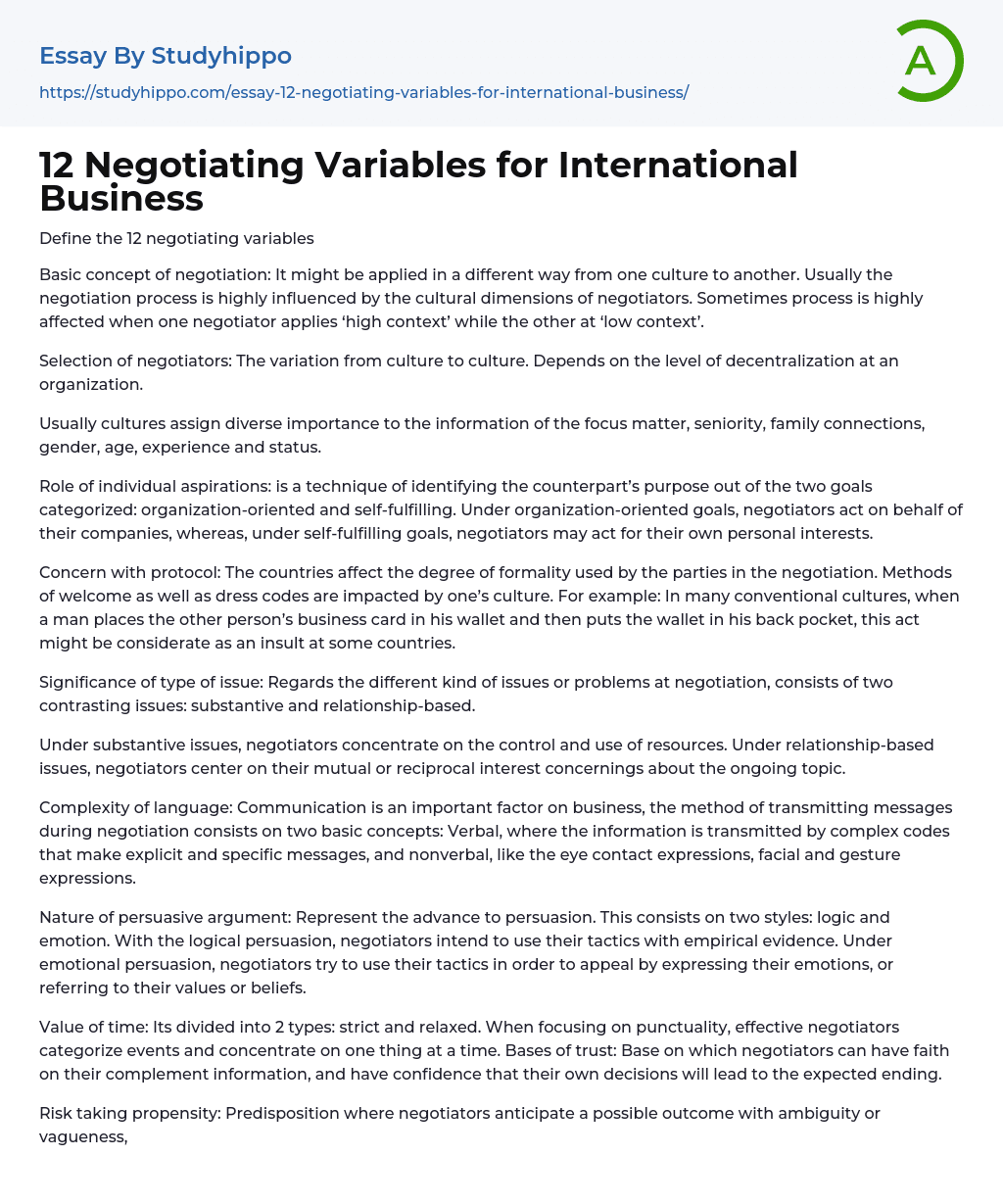 12 Negotiating Variables for International Business Essay Example