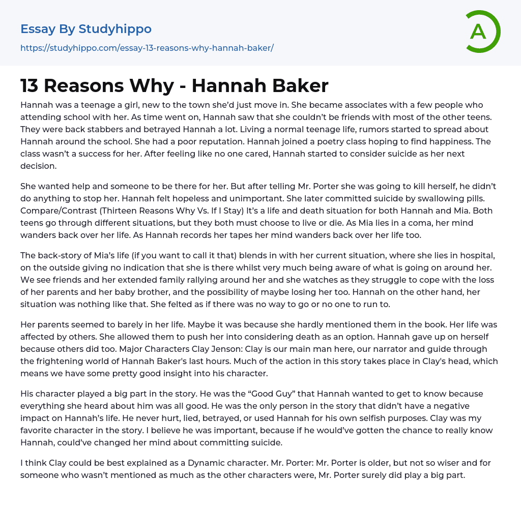 13 Reasons Why – Hannah Baker Essay Example