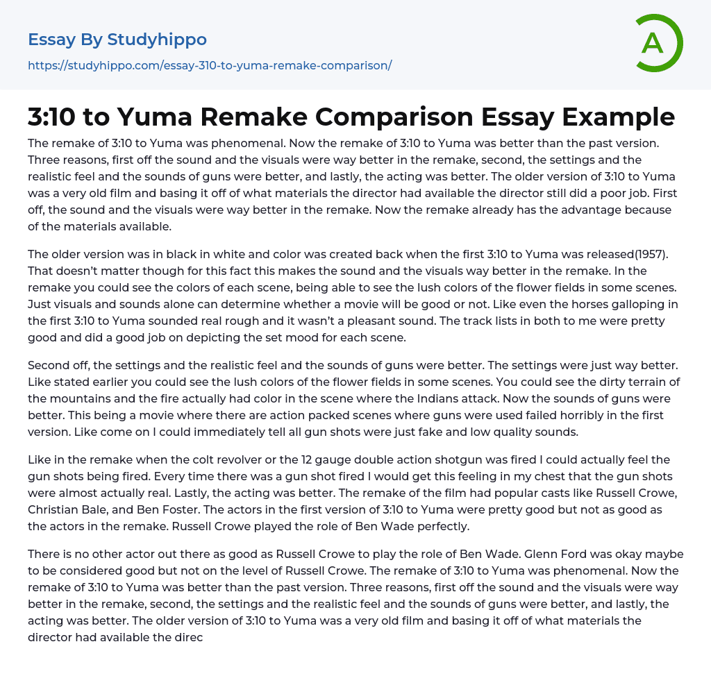 3:10 to Yuma Remake Comparison Essay Example