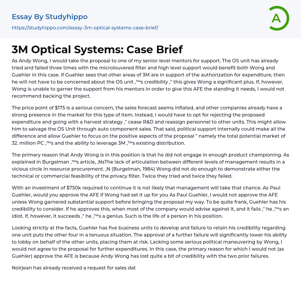 3M Optical Systems: Case Brief Essay Example