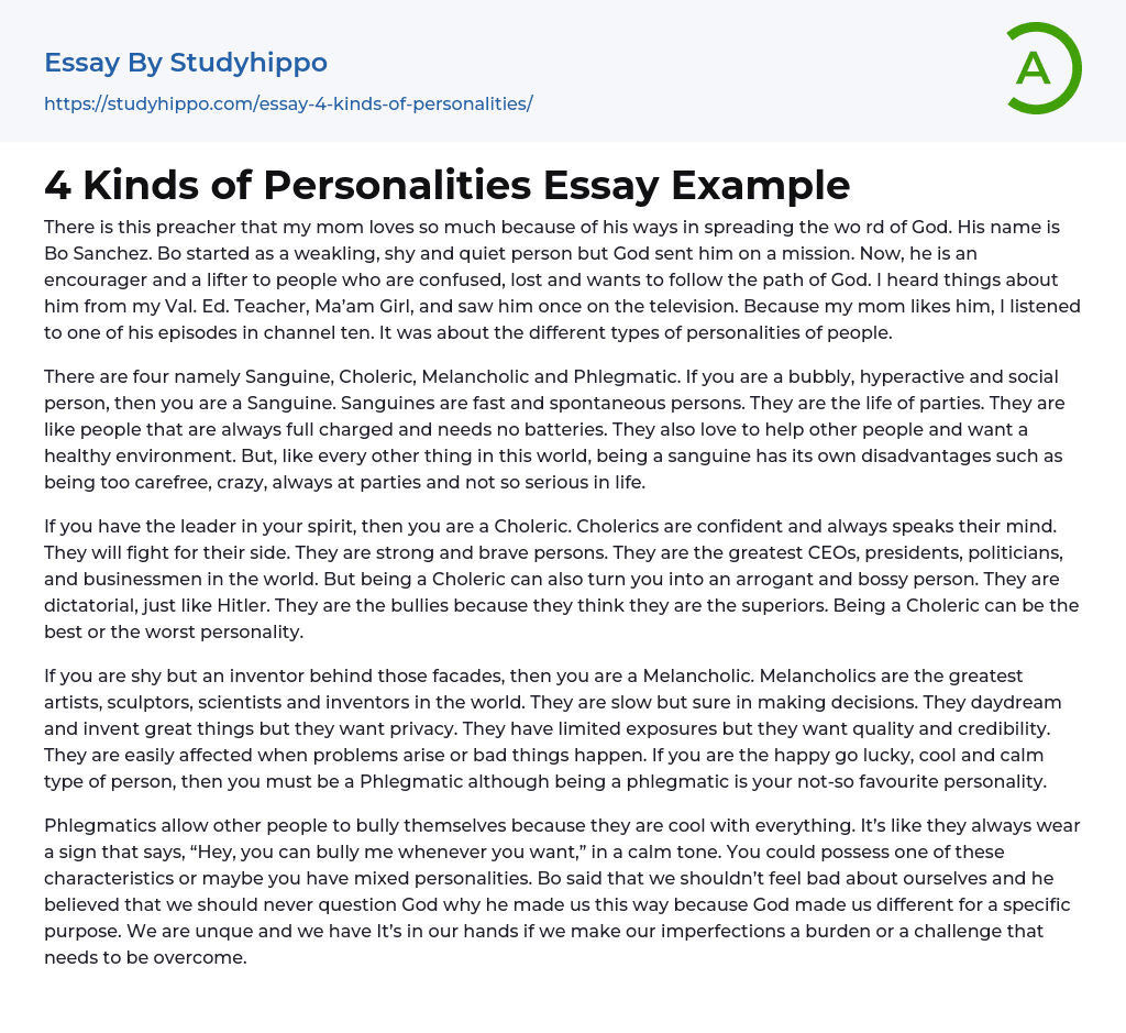 4 Kinds of Personalities Essay Example