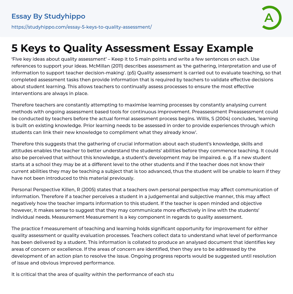 5 Keys to Quality Assessment Essay Example