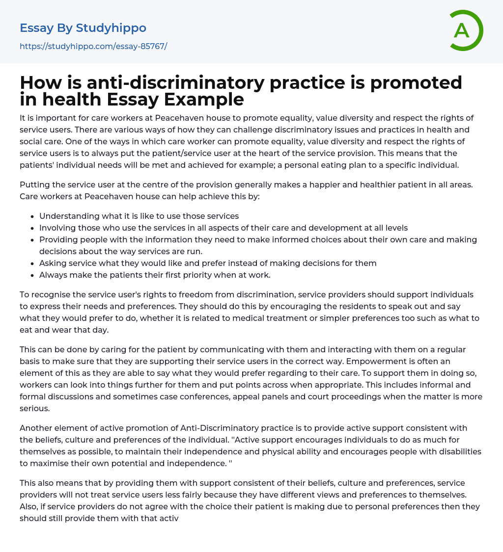 How is anti-discriminatory practice is promoted in health Essay Example