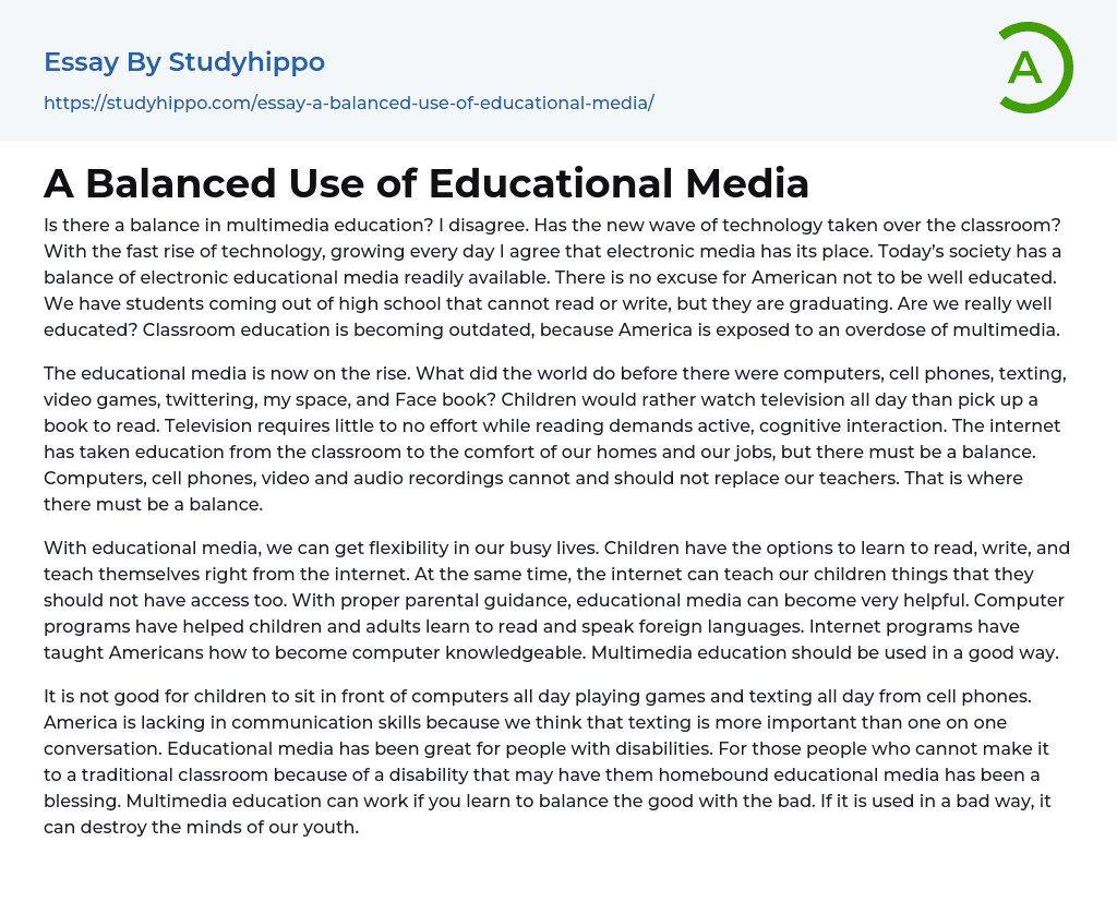 A Balanced Use of Educational Media Essay Example