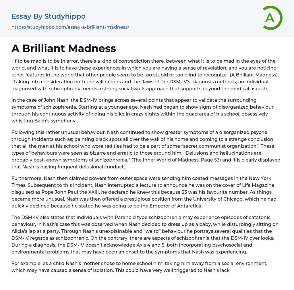 A Brilliant Madness Essay Example