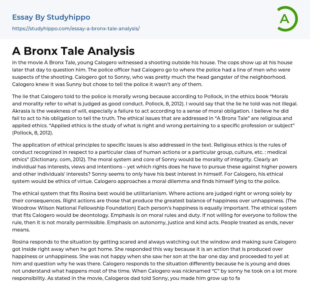A Bronx Tale Analysis Essay Example