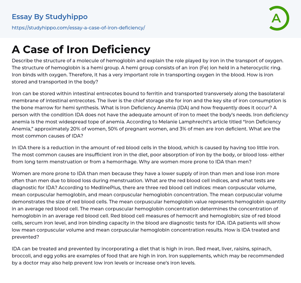 A Case of Iron Deficiency Essay Example